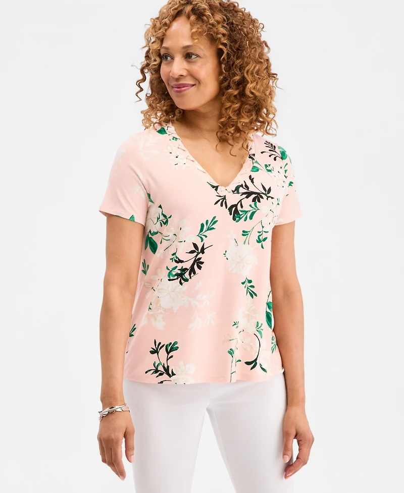 Jm Collection Women's Printed Grommet Knit V-neck Top,, Macy's Exclusive