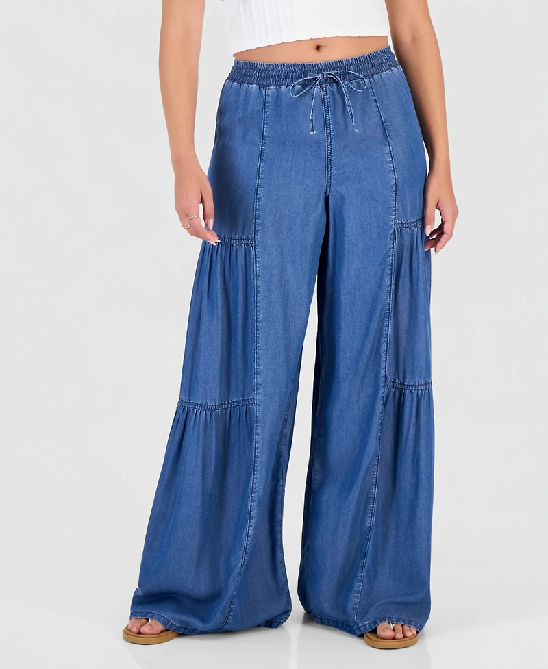 Madden Girl Juniors' Chambray Tiered-Leg Drawstring Pants