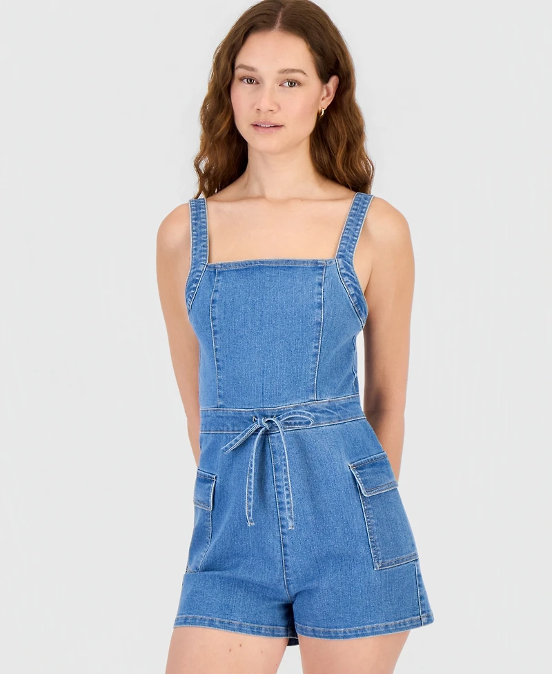 Tinseltown Juniors' Sleeveless Drawstring-Waist Denim Romper