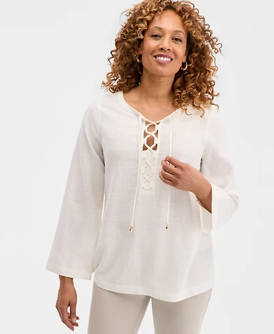 Jm Collection Women's Lace-Up Linen-Blend Top, Macy's Exclusive