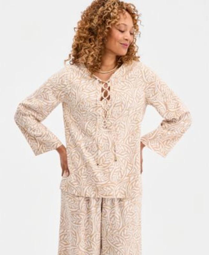 Jm Collection Womens Printed Lace Up Linen Blend Top Pull On Pants Macys Exclusive