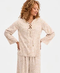Jm Collection Womens Printed Lace Up Linen Blend Top Pull On Pants Macys Exclusive
