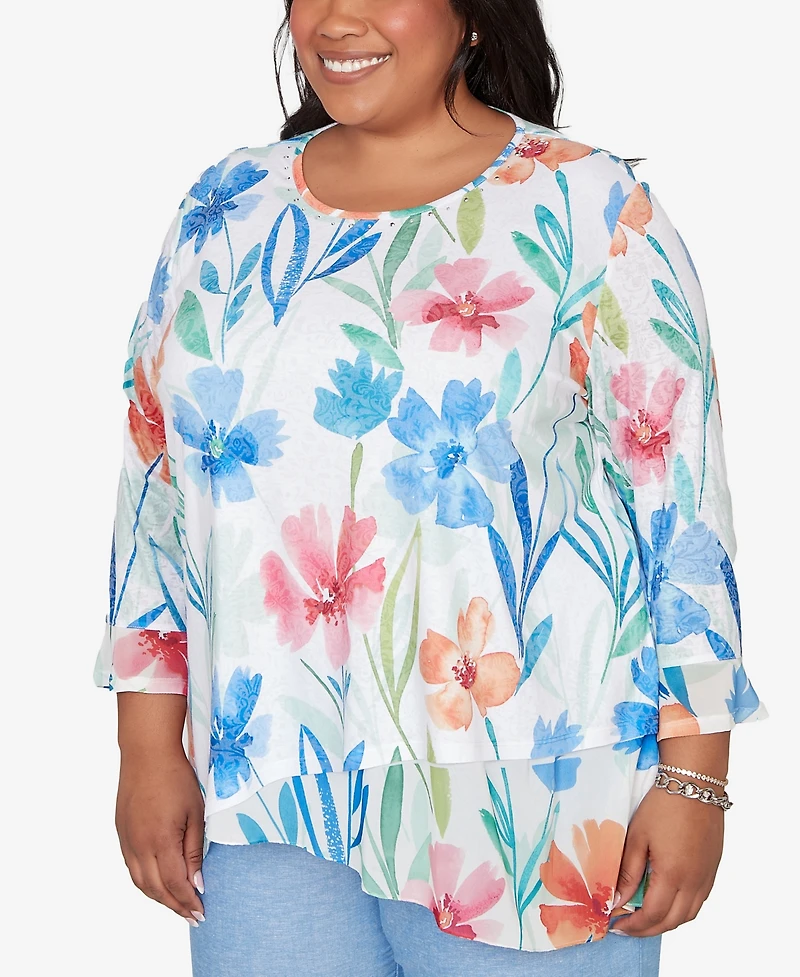 Alfred Dunner Plus Caribbean Blues Whimsical Flower Bell-Sleeve Top