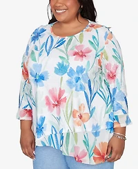 Alfred Dunner Plus Caribbean Blues Whimsical Flower Bell-Sleeve Top