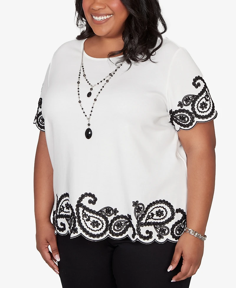Alfred Dunner Plus Crowd Pleaser Paisley Border Top With Necklace