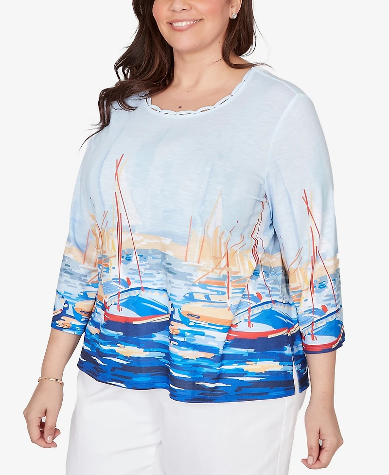Alfred Dunner Plus Port Side Harbor Scene Printed Top