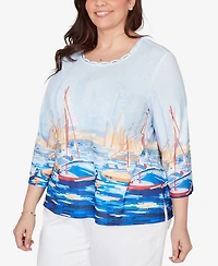 Alfred Dunner Plus Port Side Harbor Scene Printed Top