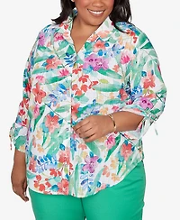 Alfred Dunner Plus Resort Living Tropical Print Tie-Sleeve Button Front Top