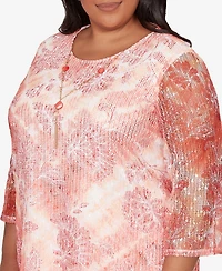 Alfred Dunner Plus Resort Living Batik Tie Dye Chevron Top with Necklace