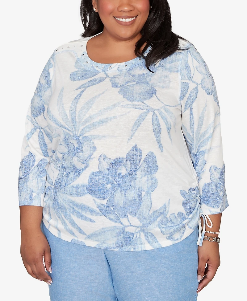 Alfred Dunner Plus Caribbean Blues Monotone Dramatic Floral Tropical Top