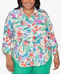 Alfred Dunner Plus Resort Living Tropical Print Tie-Sleeve Button Front Top