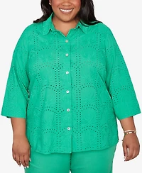 Alfred Dunner Plus Resort Living Eyelet Palm Tree Button Front Top