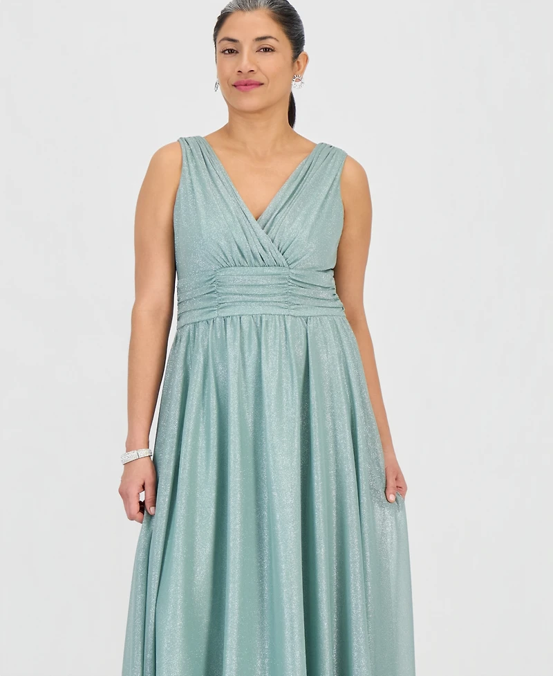 Connected Petite Surplice-Neck Sleeveless Shimmer Dress