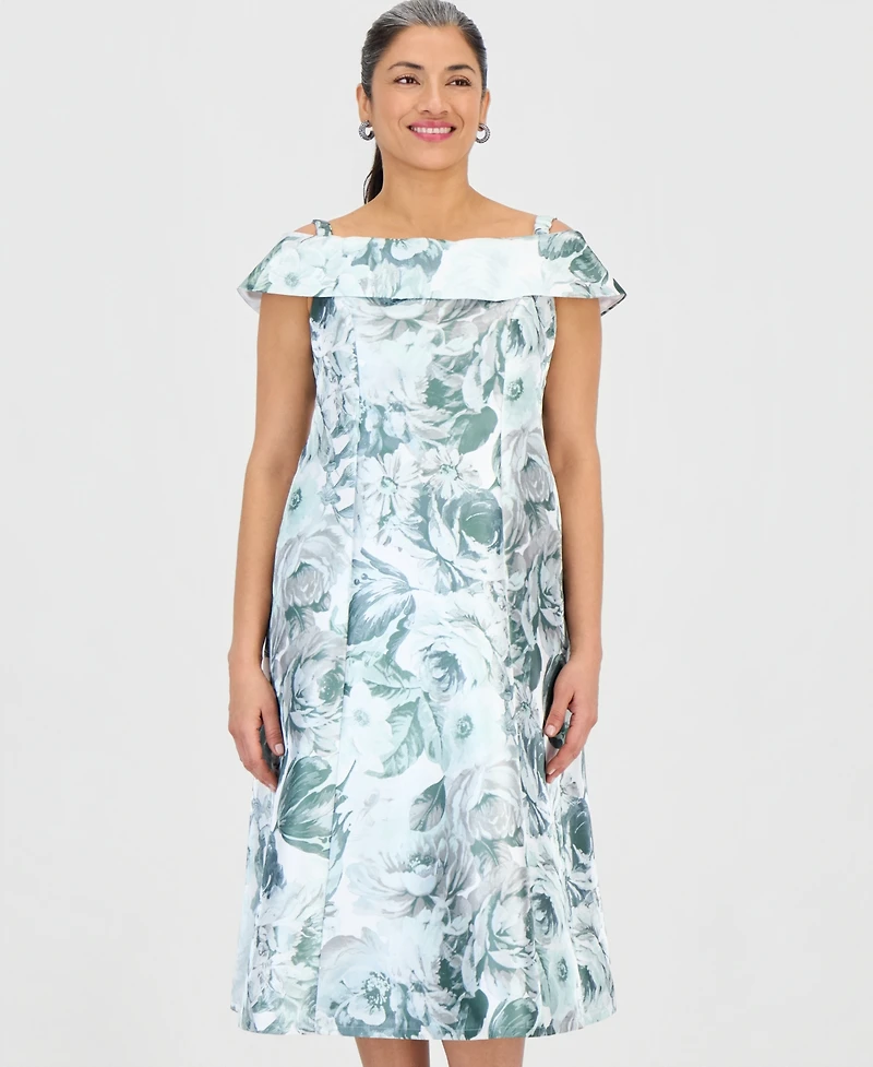 Connected Petite Printed Off-Shoulder Midi Dress