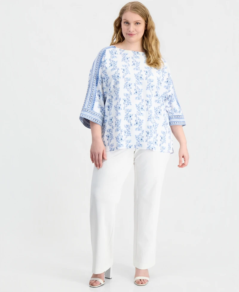Anne Klein Plus Printed Boat-Neck 3/4-Sleeve Top