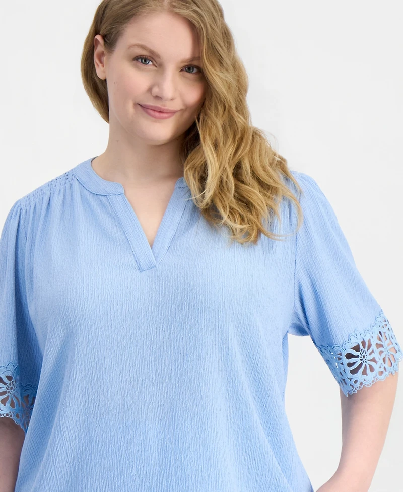 Anne Klein Plus Split-Neck Lace-Trim Elbow-Sleeve Top