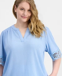 Anne Klein Plus Split-Neck Lace-Trim Elbow-Sleeve Top