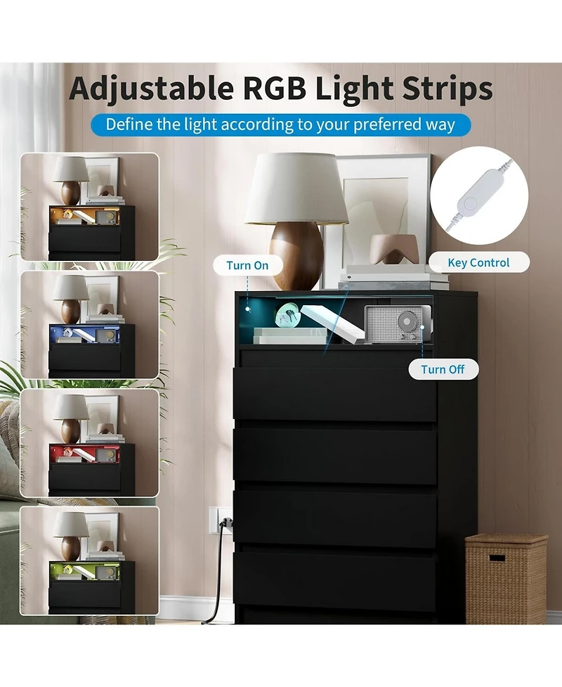 gaomon 8 Drawer Dresser with Charging Station and Led Lights, Modern Chest of Drawers with Power Outlet, Organizer Cabinet