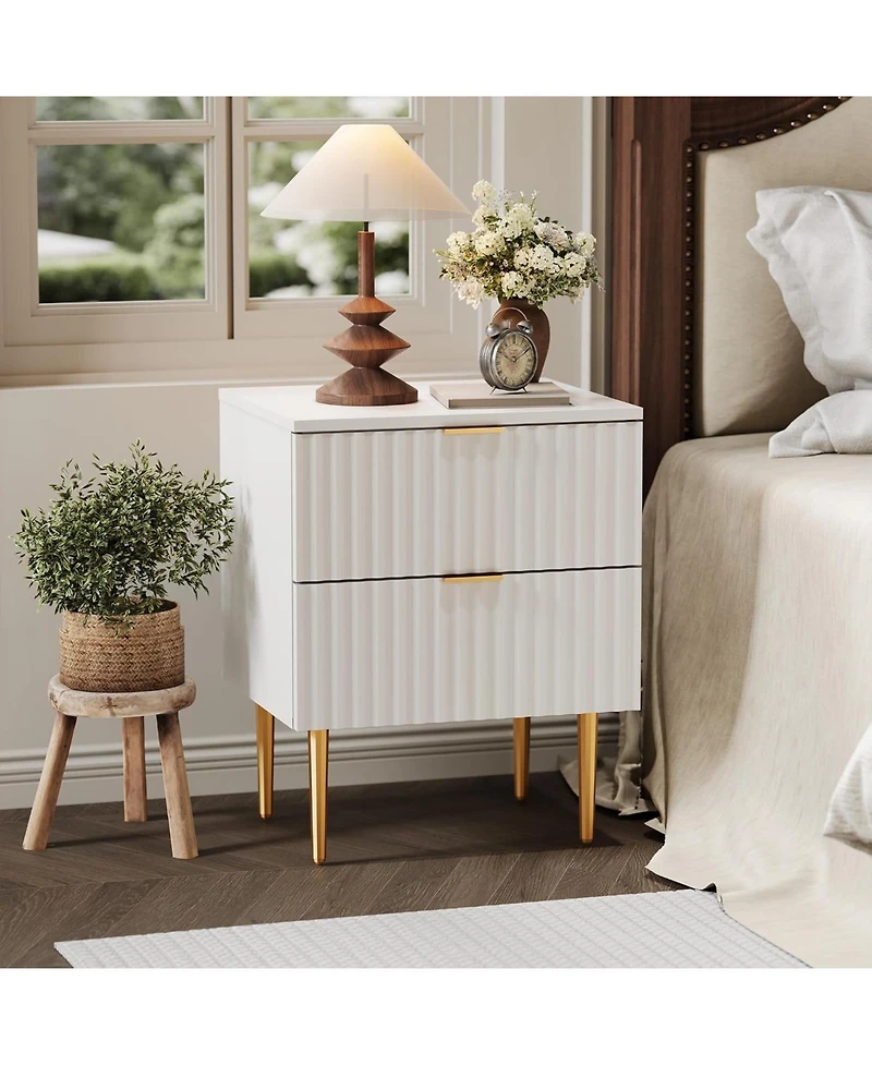 gaomon Charging Station & 2 Drawers, Wood Bedside Table with Usb Ports & Outlets - Modern Fluted Nightstand