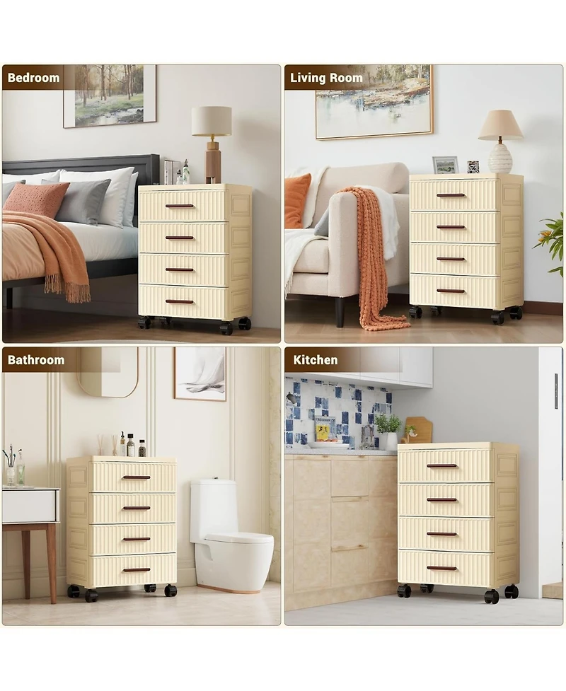 gaomon 4 Tiers Plastic Drawer Storage On Wheels, Storage Chest of Drawers Tall Dresser, Pull Out Storage Bins for Bedroom