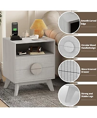 gaomon Fluted Night Stand Set of Wood Tall Nightstands with Charging Station, End Table with 2 Drawers