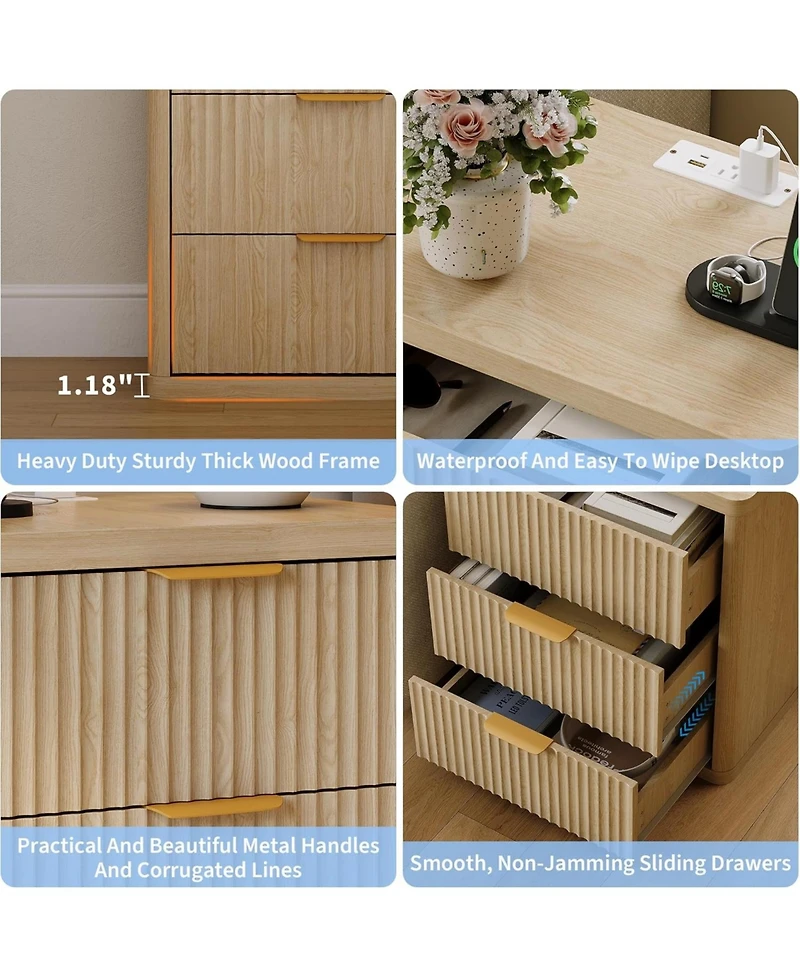 gaomon Fluted Nightstand with Charging Station, Bedside Table with 3 Drawers Storage Space.