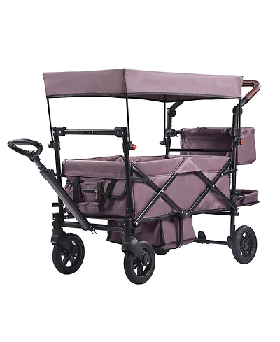 Mecale Wagon Stroller for 2 Kids, Collapsible Push Pull Quad Stroller with Adjustable Handle, Harness, Removable Canopy, 4 Wheels with Brakes