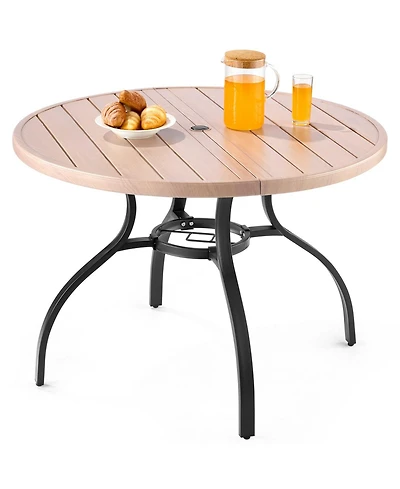Mecale Round Outdoor Patio Dining Table with Wood-Like Steel Slats and 1.5" Umbrella Hole