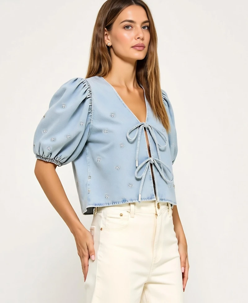 Modenaire Women's Embroidered Puff Sleeve V-Neck Tie-Front Top