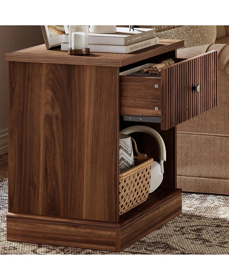 gaomon Fluted Nightstand with Drawer, Mid Century Modern Bedside Table Open Shelf, Storage