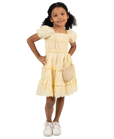 Rare Editions Girls' 7-16 Eyelet Smocked Square Neck Dress and Bag, 2-Piece Set