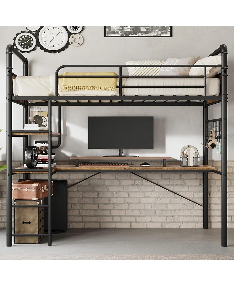gaomon Loft Bunk Bed with L-Shaped Desk, Twin Loft Bed with Desk Underneath, Metal Bunk Beds with High Guardrail