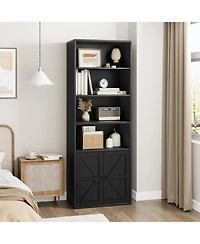 gaomon Industrial Bookcase with Doors – 6-Shelf Farmhouse Wooden Bookshelf, 11.8" Deep Display Storage Shelves for Bedroom, Living Room