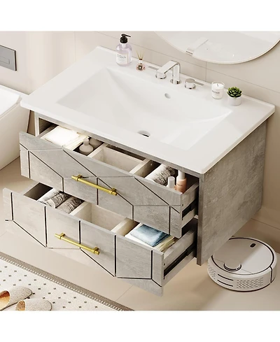 gaomon 30" Bathroom Vanity with Sink Combo Floating Bathroom Vanity with Ceramic Basin 2 Large Drawers with Gold Handle Soft-Close Design