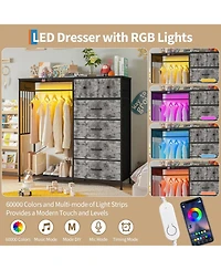 gaomon 6 Drawers Dresser for Bedroom with Hanging Rack, Led Lights & Charging Station, Wooden Top Storage Chest of Drawers with Charging Station