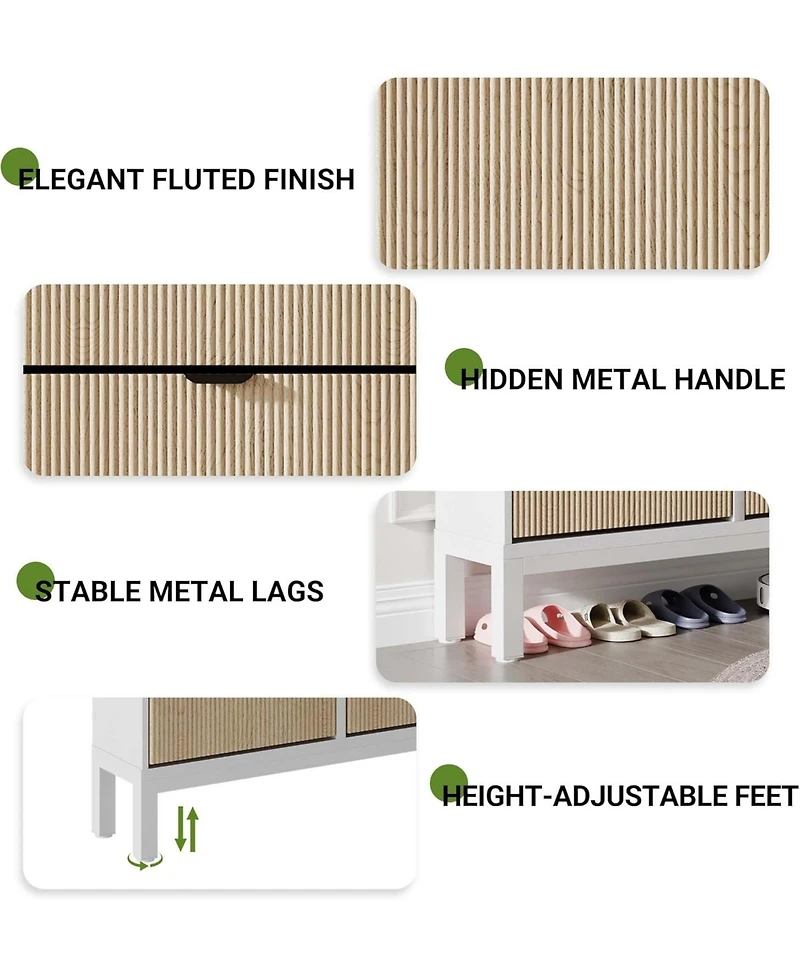 gaomon Farmhouse Shoe Cabinet with 4 Flip Drawers – Freestanding Fluted Shoe Organizer with Metal Legs, Slim Hidden Shoe Rack