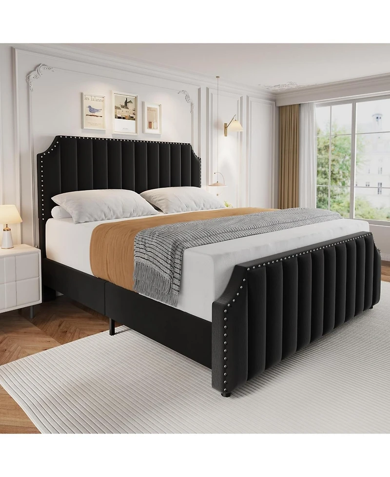gaomon King Upholstered Platform Bed Frame with Tall Headboard & Footboard, Nailhead Trim, Solid Wooden Slats, No Box Spring