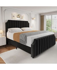 gaomon King Upholstered Platform Bed Frame with Tall Headboard & Footboard, Nailhead Trim, Solid Wooden Slats, No Box Spring