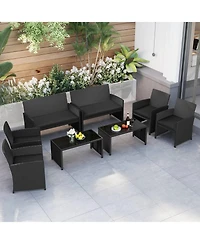 Gymax Set of 8 Patio Conversation w/Seat Cushions & Tempered Glass Tabletop Porch Outdoor