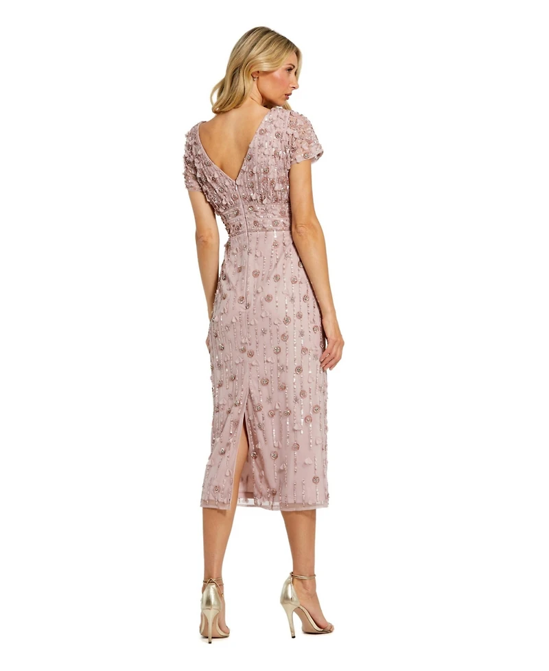 Mac Duggal Petite Cap Sleeve Sheath Midi Dress With Floral Beading