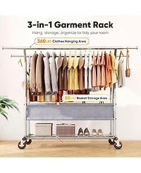 Yigii Adjustable 3-in-1 Metal Garment Rack with Storage Basket and Wheels
