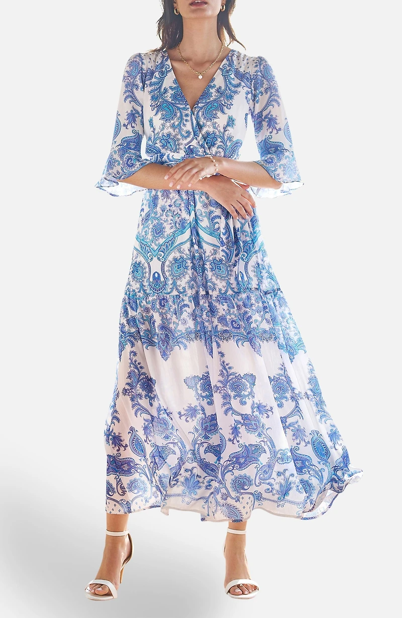 Yumi Women's 3/4 Sleeves Paisley Wrap Midi Dress