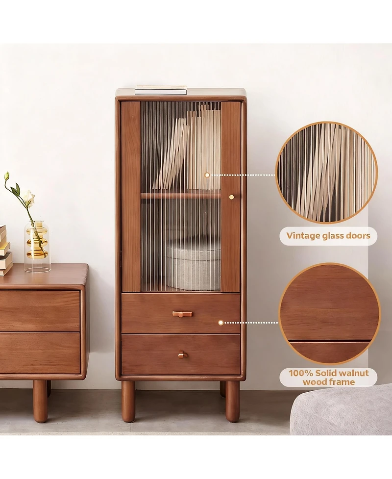 Yigii Solid Wood Cabinet with Glass Doors & Drawers for Living Room