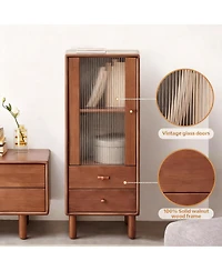 Yigii Solid Wood Cabinet with Glass Doors & Drawers for Living Room