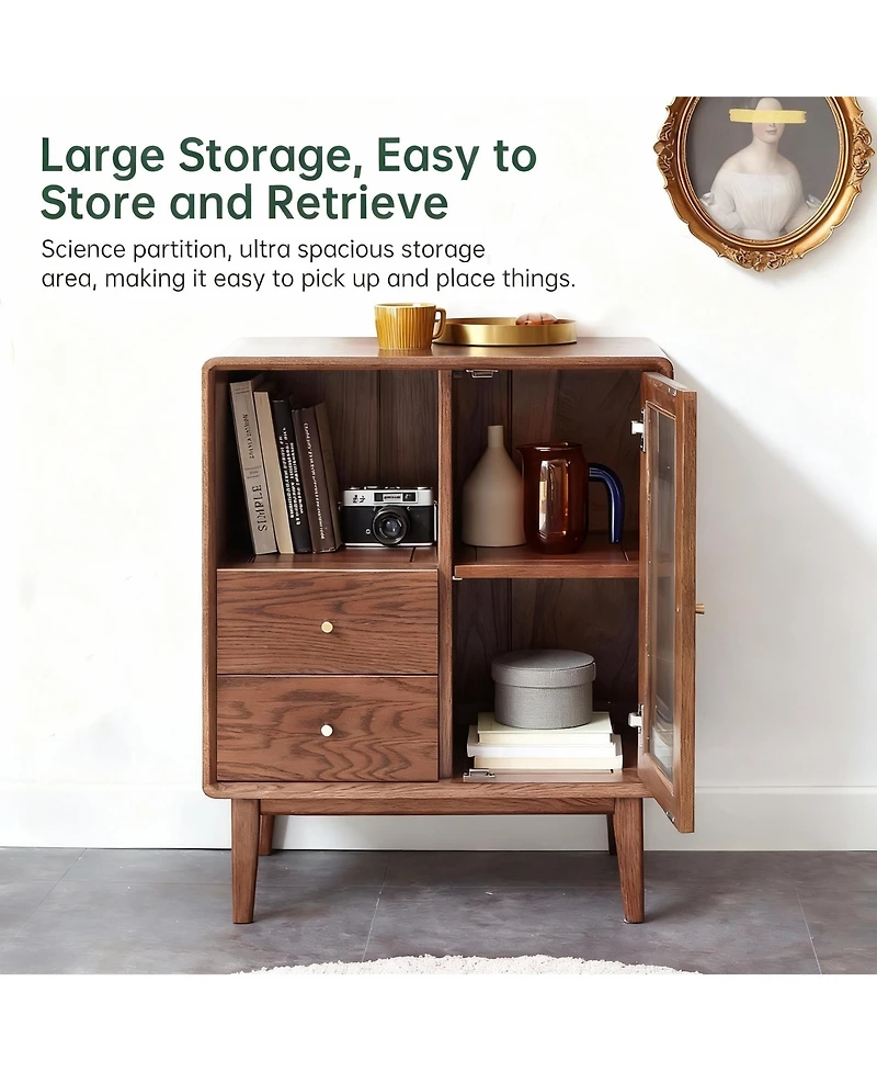 Yigii Solid Wood Cabinet with Glass Doors & Drawers for Living Room