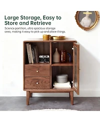 Yigii Solid Wood Cabinet with Glass Doors & Drawers for Living Room