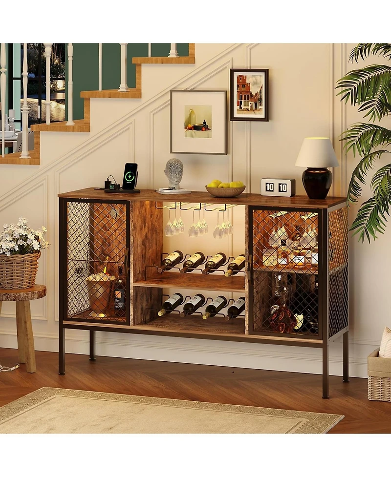 gaomon 47 Inch Industrial Coffee Bar Cabinet with Led Lights and Power Outlets Wood Liquor Cabinet with 2 Doors Glass Holders & Storage