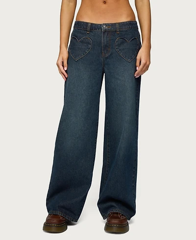 Edikted Women's Heart Pockets Low Rise Baggy Jeans