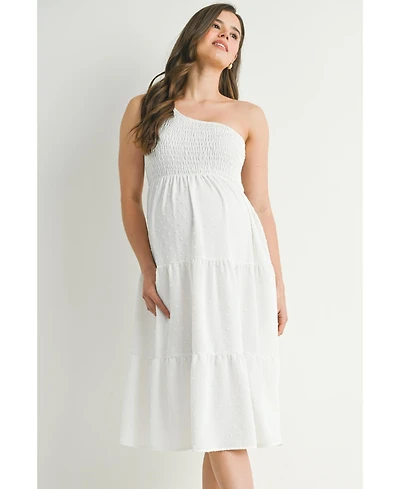 Hello Miz Maternity One-Shoulder Smocked Swiss Dot Midi Dress