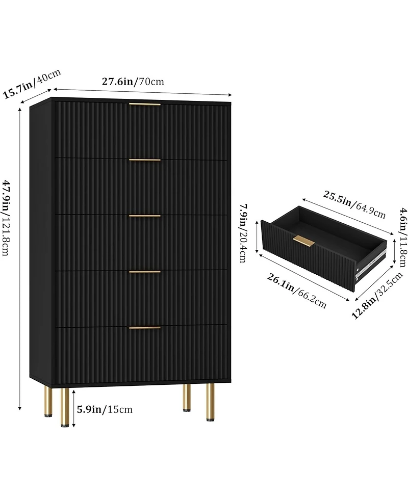 Galomon 5 Drawer Dresser,Fluted Dresser for Bedroom,47.9" Tall Dressers Chest of Drawers,Wood Tall Dressers with Metal Handle for Closet, Living
